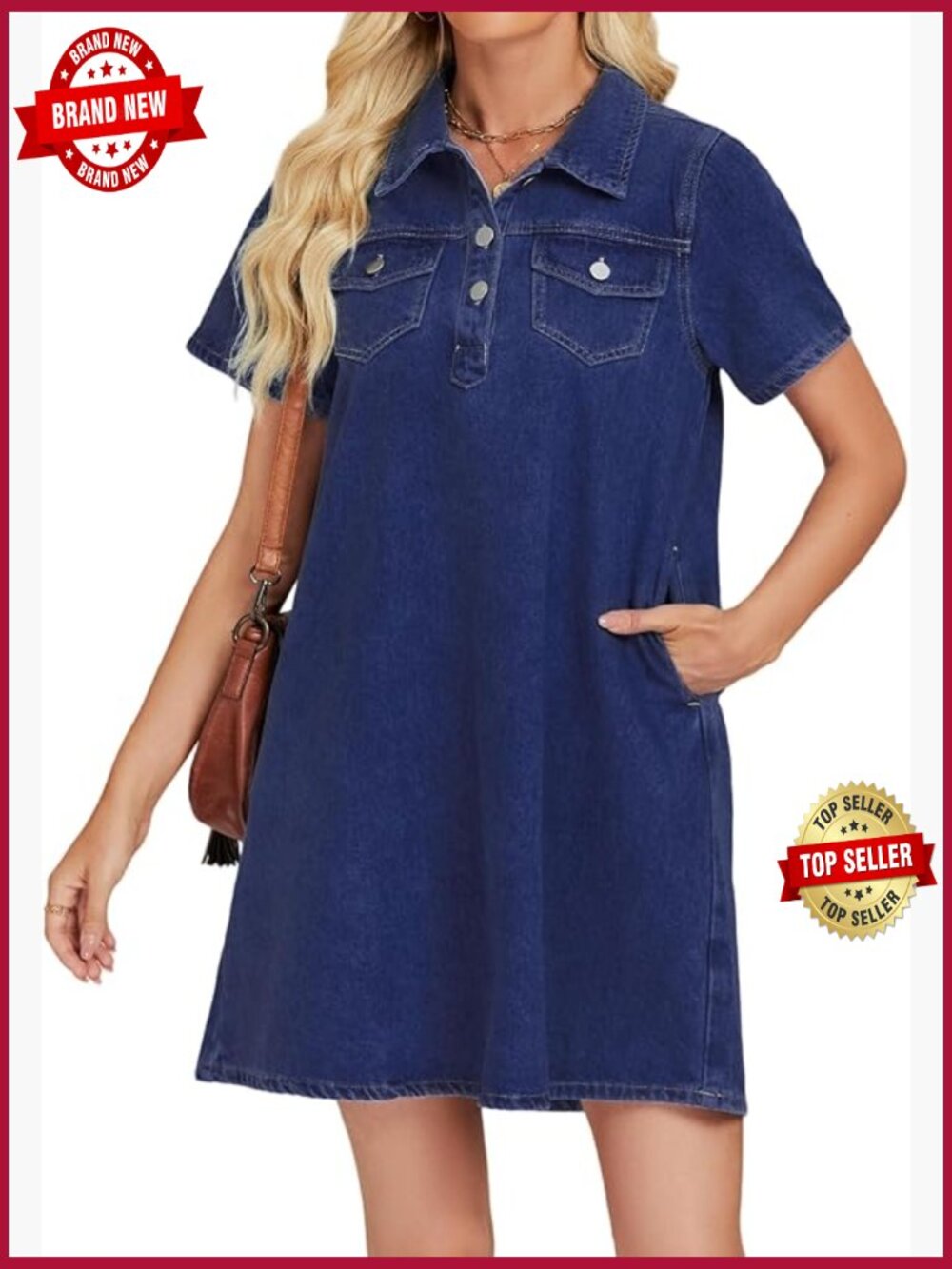 Denim Shirt Dress Short Sleeve V Neck Mini with Pockets